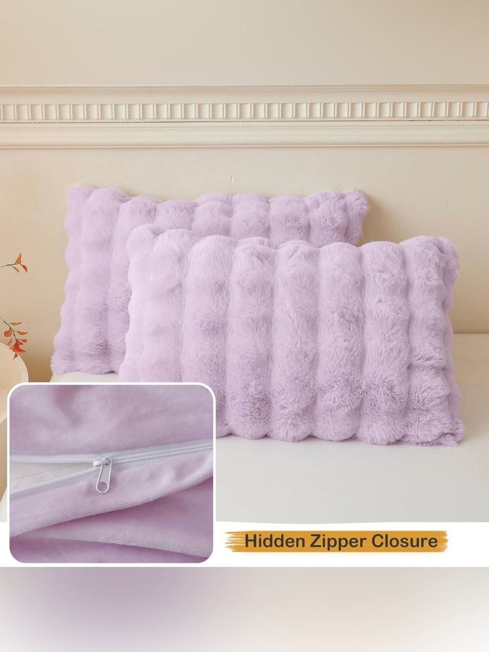 2pc. Plush Faux Fur Lumbar Pillow - Lavender - Picture 6 of 9